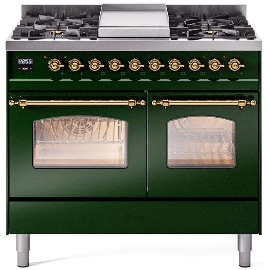 ILVE Nostalgie II 40" Dual Fuel Propane Gas Range in Emerald Green with Brass Trim, UPD40FNMPEGGLP