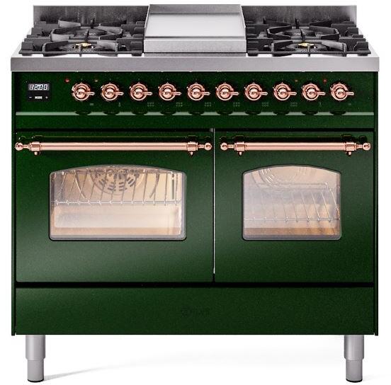 ILVE Nostalgie II 40" Dual Fuel Propane Gas Range in Emerald Green with Copper Trim, UPD40FNMPEGPLP