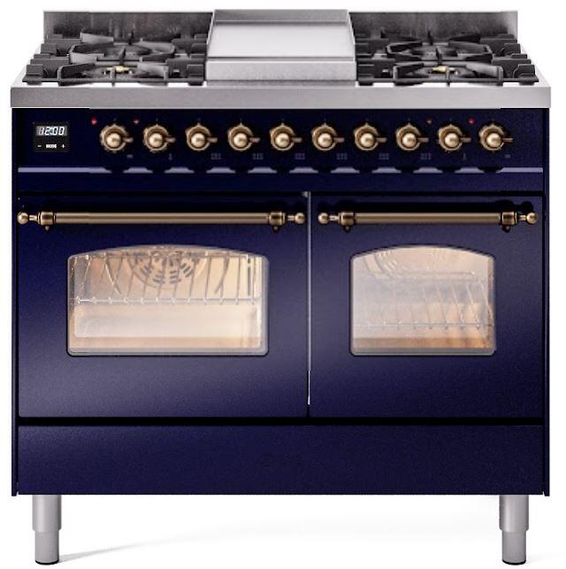 ILVE Nostalgie II 40" Dual Fuel Propane Gas Range in Blue with Bronze Trim, UPD40FNMPMBBLP