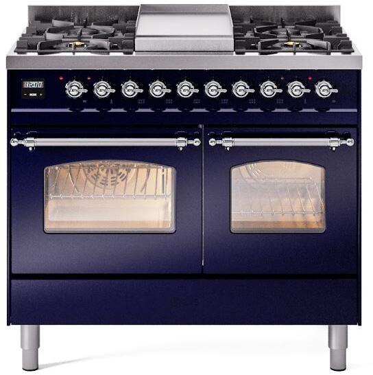 ILVE Nostalgie II 40" Dual Fuel Propane Gas Range in Blue with Chrome Trim, UPD40FNMPMBCLP