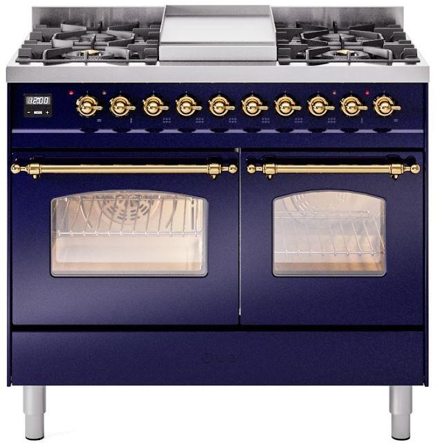 ILVE Nostalgie II 40" Dual Fuel Propane Gas Range in Blue with Brass Trim, UPD40FNMPMBGLP