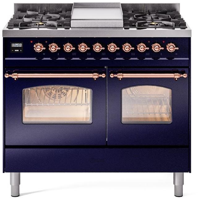 ILVE Nostalgie II 40" Dual Fuel Propane Gas Range in Blue with Copper Trim, UPD40FNMPMBPLP