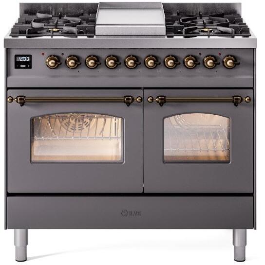 ILVE Nostalgie II 40" Dual Fuel Propane Gas Range in Matte Graphite with Bronze Trim, UPD40FNMPMGBLP