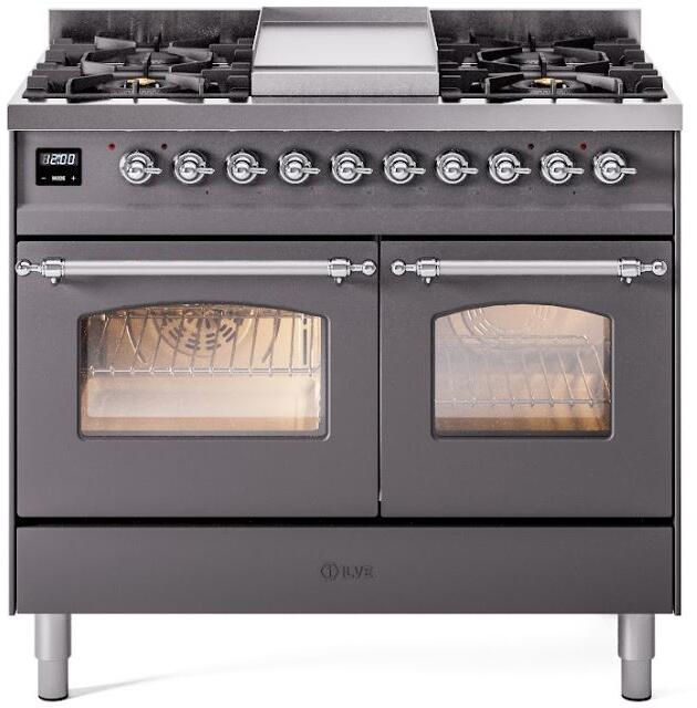 ILVE Nostalgie II 40" Dual Fuel Propane Gas Range in Matte Graphite with Chrome Trim, UPD40FNMPMGCLP