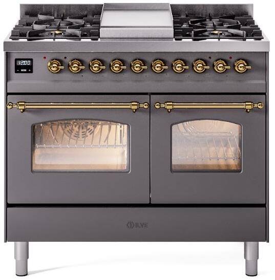 ILVE Nostalgie II 40" Dual Fuel Natural Gas Range in Matte Graphite with Brass Trim, UPD40FNMPMGG