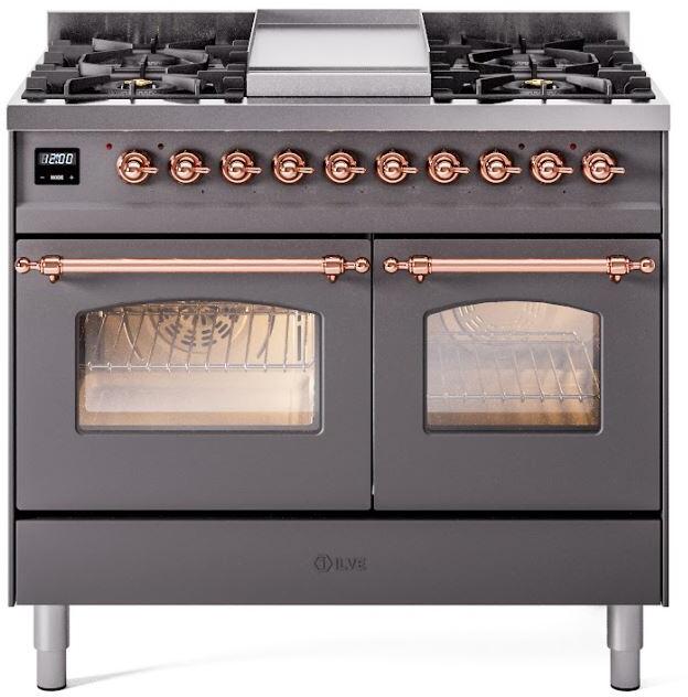 ILVE Nostalgie II 40" Dual Fuel Propane Gas Range in Matte Graphite with Copper Trim, UPD40FNMPMGPLP