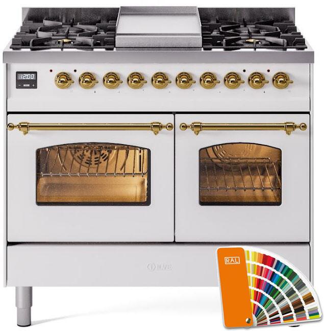 ILVE Nostalgie II 40" Dual Fuel Propane Gas Range in RAL Custom Color with Brass Trim, UPD40FNMPRAGLP