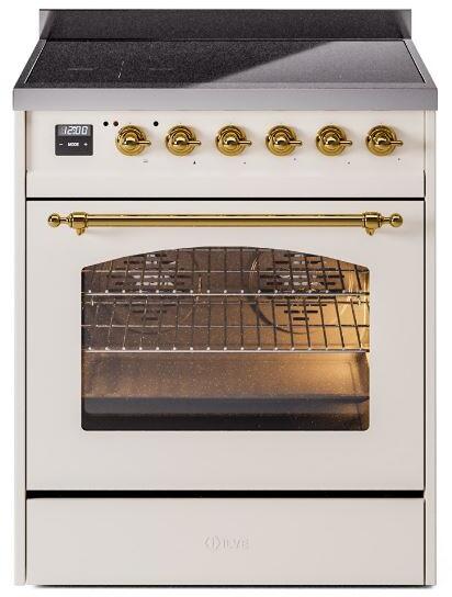 ILVE Nostalgie II 30" Induction Range with Element Stove and Electric Oven in Antique White with Brass Trim, UPI304NMPAWG