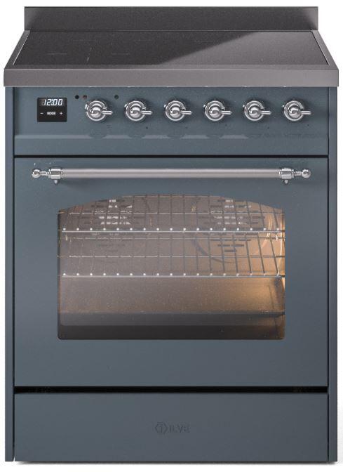 ILVE Nostalgie II 30" Induction Range with Element Stove and Electric Oven in Blue Grey with Chrome Trim, UPI304NMPBGC