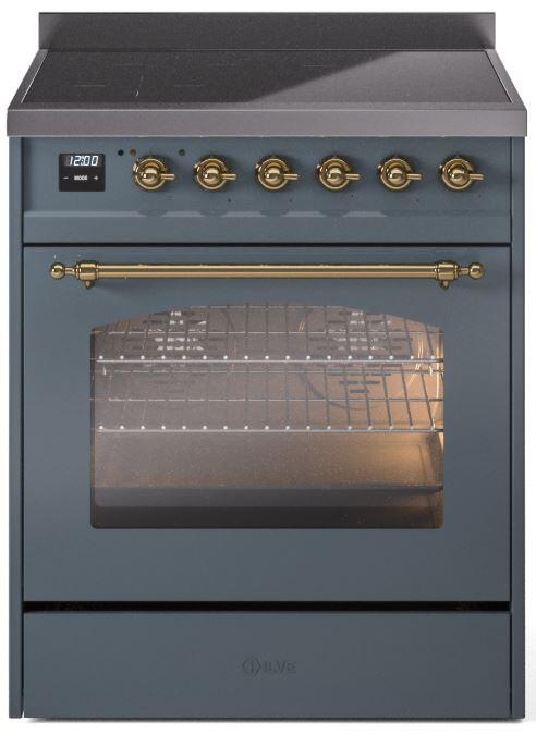 ILVE Nostalgie II 30" Induction Range with Element Stove and Electric Oven in Blue Grey with Brass Trim, UPI304NMPBGG