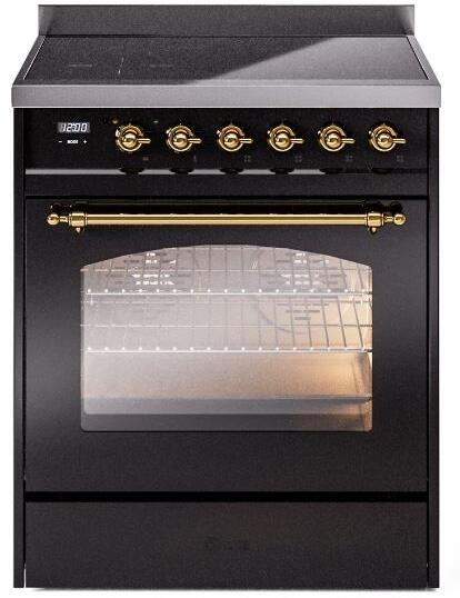 ILVE Nostalgie II 30" Induction Range with Element Stove and Electric Oven in Black with Brass Trim, UPI304NMPBKG