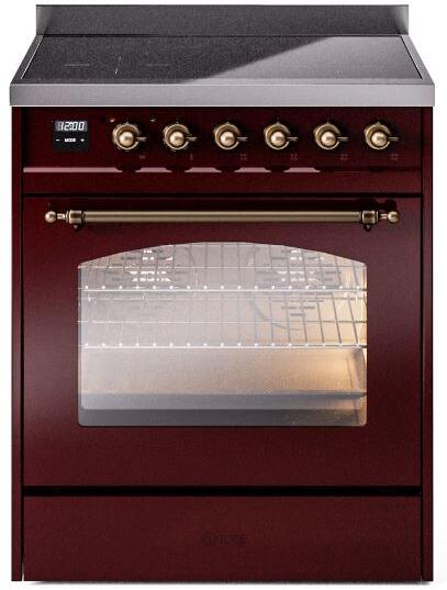 ILVE Nostalgie II 30" Induction Range with Element Stove and Electric Oven in Burgundy with Bronze Trim, UPI304NMPBUB