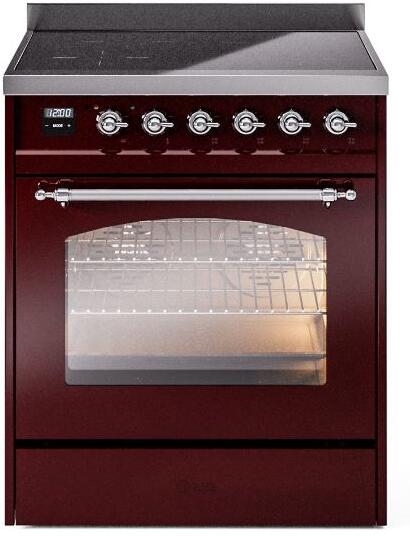 ILVE Nostalgie II 30" Induction Range with Element Stove and Electric Oven in Burgundy with Chrome Trim, UPI304NMPBUC