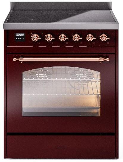 ILVE Nostalgie II 30" Induction Range with Element Stove and Electric Oven in Burgundy with Copper Trim, UPI304NMPBUP