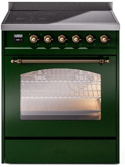 ILVE Nostalgie II 30" Induction Range with Element Stove and Electric Oven in Emerald Green with Bronze Trim, UPI304NMPEGB