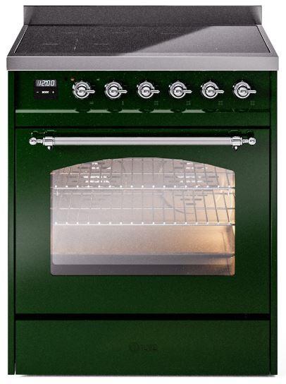 ILVE Nostalgie II 30" Induction Range with Element Stove and Electric Oven in Emerald Green with Chrome Trim, UPI304NMPEGC