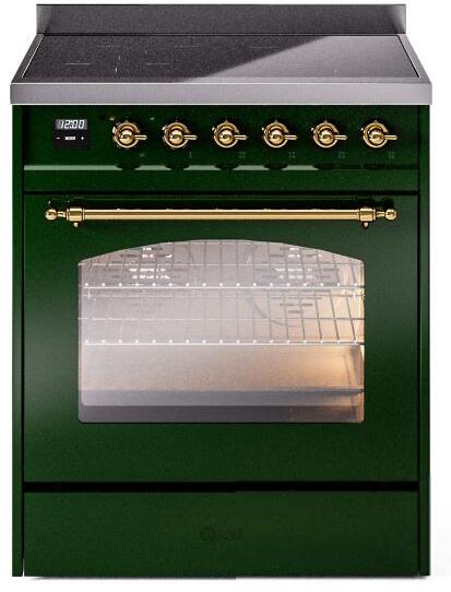 ILVE Nostalgie II 30" Induction Range with Element Stove and Electric Oven in Emerald Green with Brass Trim, UPI304NMPEGG