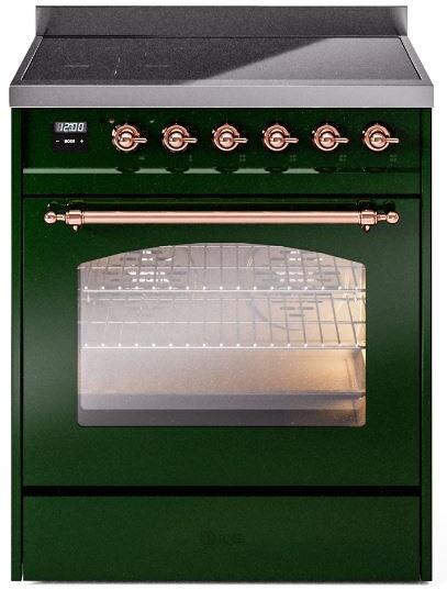 ILVE Nostalgie II 30" Induction Range with Element Stove and Electric Oven in Emerald Green with Copper Trim, UPI304NMPEGP