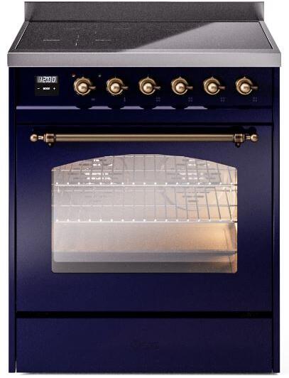 ILVE Nostalgie II 30" Induction Range with Element Stove and Electric Oven in Blue with Bronze Trim, UPI304NMPMBB