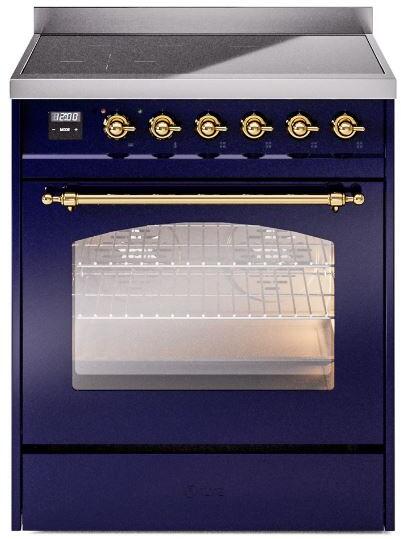 ILVE Nostalgie II 30" Induction Range with Element Stove and Electric Oven in Blue with Brass Trim, UPI304NMPMBG