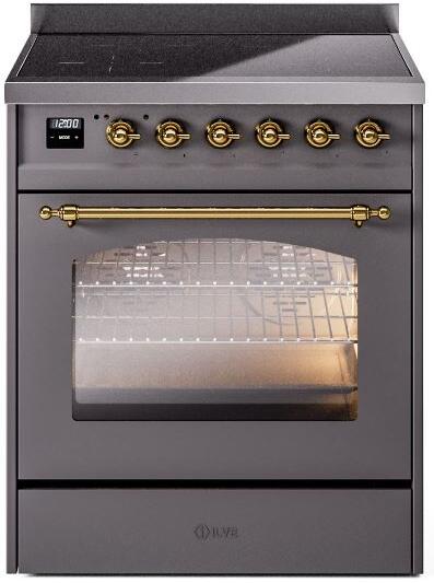 ILVE Nostalgie II 30" Induction Range with Element Stove and Electric Oven in Matte Graphite with Brass Trim, UPI304NMPMGG