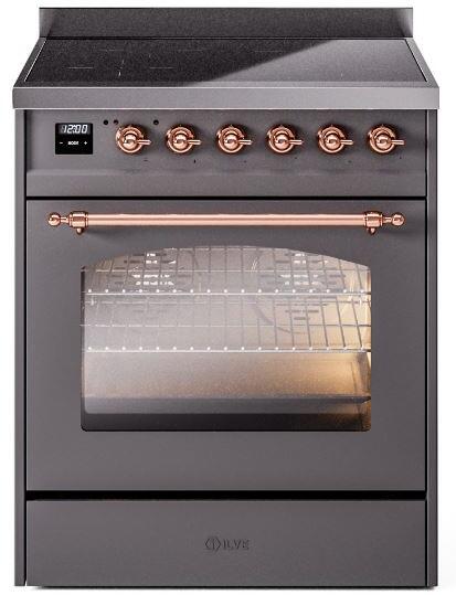 ILVE Nostalgie II 30" Induction Range with Element Stove and Electric Oven in Matte Graphite with Copper Trim, UPI304NMPMGP