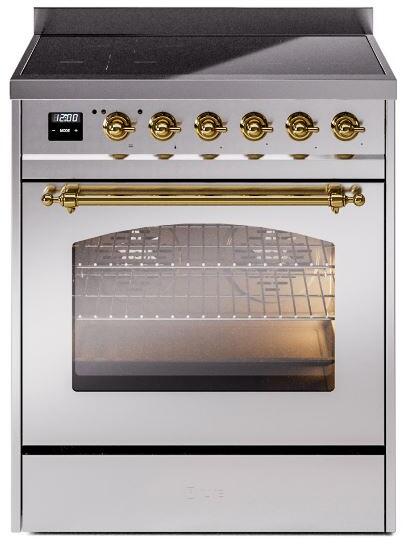 ILVE Nostalgie II 30" Induction Range with Element Stove and Electric Oven in Stainless Steel with Brass Trim, UPI304NMPSSG