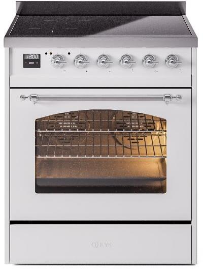 ILVE Nostalgie II 30" Induction Range with Element Stove and Electric Oven in White with Chrome Trim, UPI304NMPWHC