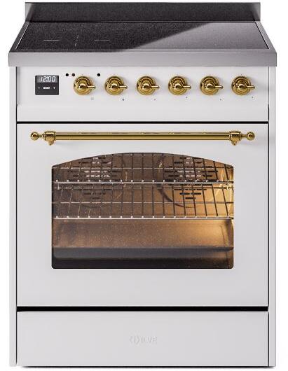 ILVE Nostalgie II 30" Induction Range with Element Stove and Electric Oven in White with Brass Trim, UPI304NMPWHG