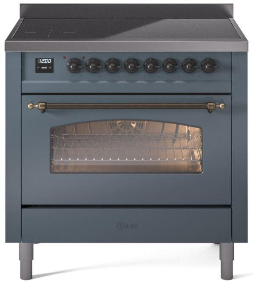 ILVE Nostalgie II 36" Induction Range with Element Stove and Electric Oven in Blue Grey with Bronze Trim, UPI366NMPBGB