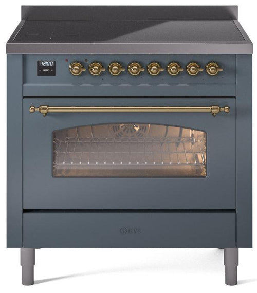 ILVE Nostalgie II 36" Induction Range with Element Stove and Electric Oven in Blue Grey with Brass Trim, UPI366NMPBGG