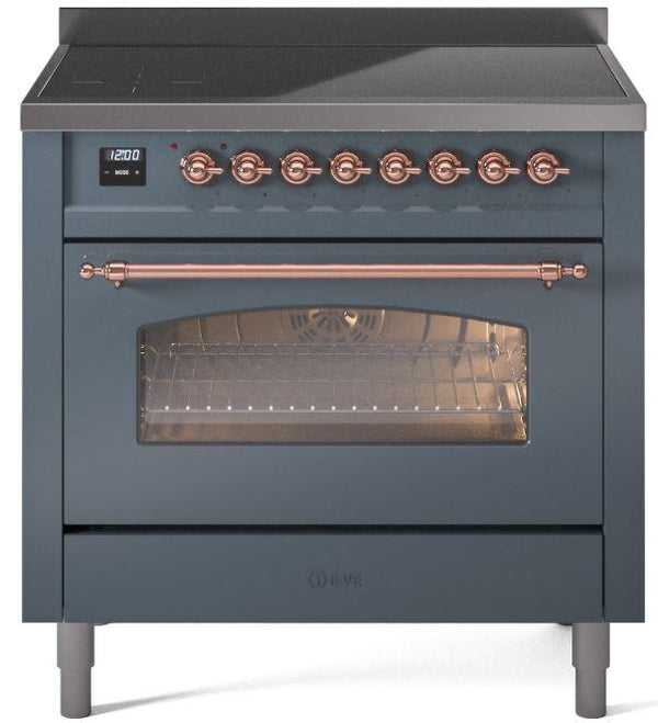 ILVE Nostalgie II 36" Induction Range with Element Stove and Electric Oven in Blue Grey with Copper Trim, UPI366NMPBGP