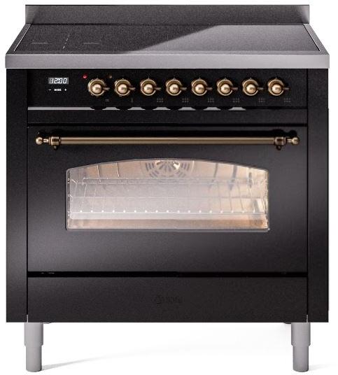 ILVE Nostalgie II 36" Induction Range with Element Stove and Electric Oven in Glossy Black with Bronze Trim, UPI366NMPBKB