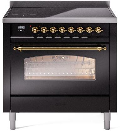 ILVE Nostalgie II 36" Induction Range with Element Stove and Electric Oven in Glossy Black with Brass Trim, UPI366NMPBKG