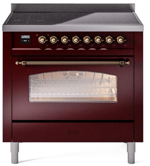 ILVE Nostalgie II 36" Induction Range with Element Stove and Electric Oven in Burgundy with Bronze Trim, UPI366NMPBUB