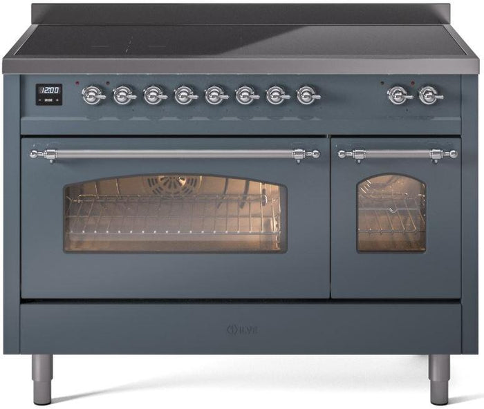 ILVE Nostalgie II 48" Induction Range with Element Stove and Electric Oven in Blue Grey with Chrome Trim, UPI486NMPBGC