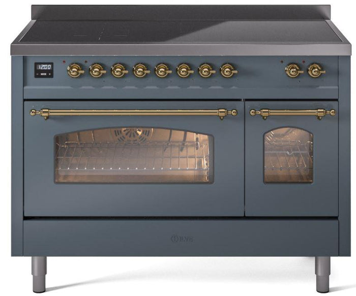 ILVE Nostalgie II 48" Induction Range with Element Stove and Electric Oven in Blue Grey with Brass Trim, UPI486NMPBGG