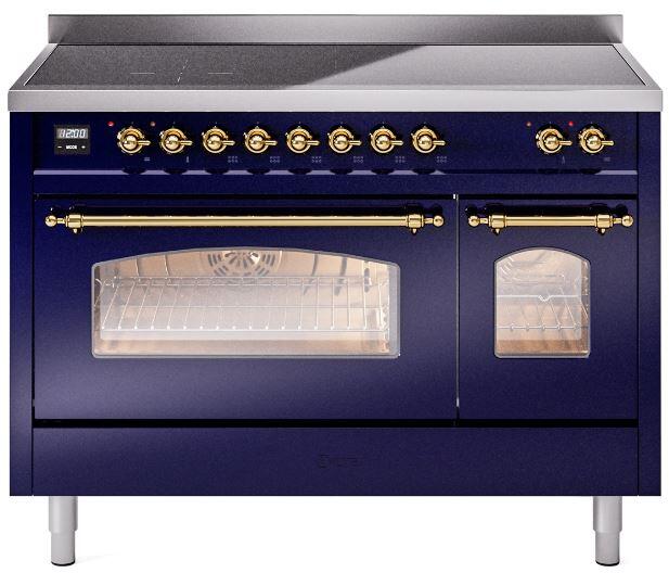 ILVE Nostalgie II 48" Induction Range with Element Stove and Electric Oven in Blue with Brass Trim, UPI486NMPMBG