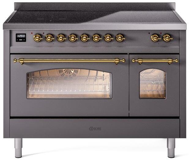 ILVE Nostalgie II 48" Induction Range with Element Stove and Electric Oven in Matte Graphite with Brass Trim, UPI486NMPMGG