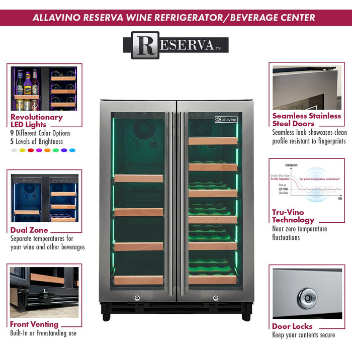 Reserva Series 24" Wide Two Door Stainless Steel Wine Refrigerator/Beverage Center with Wood Front Shelves