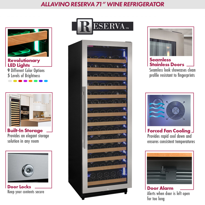 Reserva Series 163 Bottle 71" Tall Single Zone Right Hinge Stainless Steel Wine Refrigerator