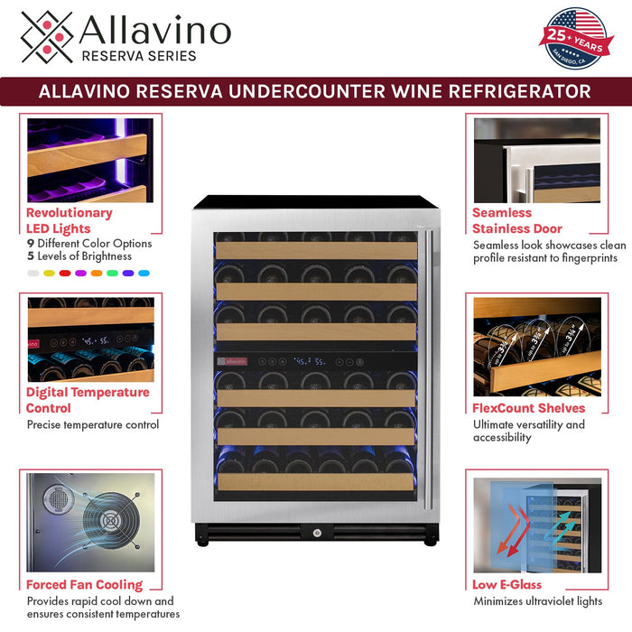 Reserva Series - 56 Bottle Dual Zone Built-in Luxury Wine Refrigerator with Stainless Steel Door - Left Hinge