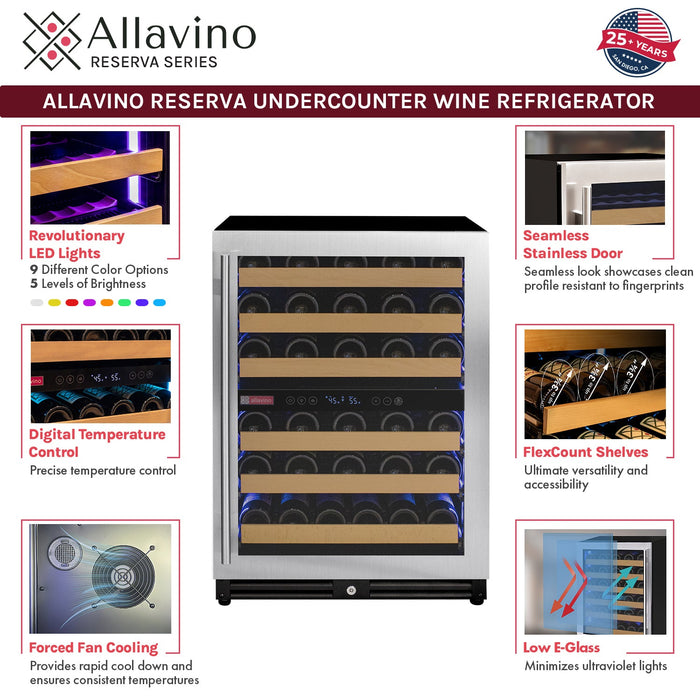 Reserva Series - 56 Bottle Dual Zone Built-in Luxury Wine Refrigerator with Stainless Steel Door - Right Hinge