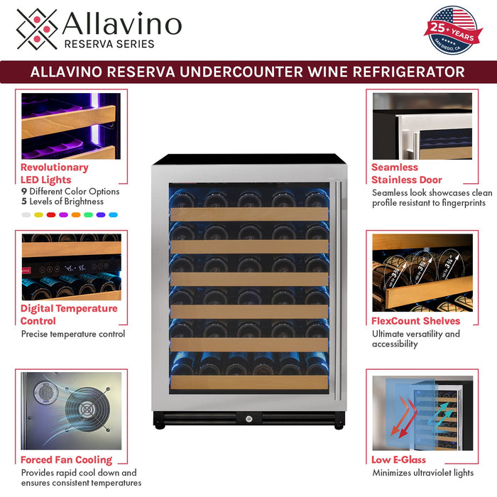 Reserva Series - 56 Bottle Single Zone Built-in Luxury Wine Refrigerator with Stainless Steel Door - Left Hinge