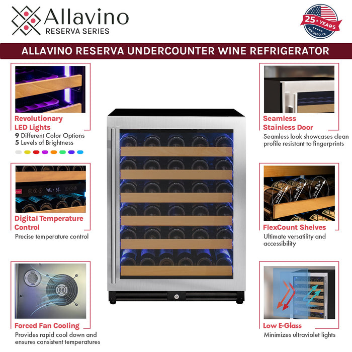 Reserva Series - 56 Bottle Single Zone Built-in Luxury Wine Refrigerator with Stainless Steel Door - Right Hinge