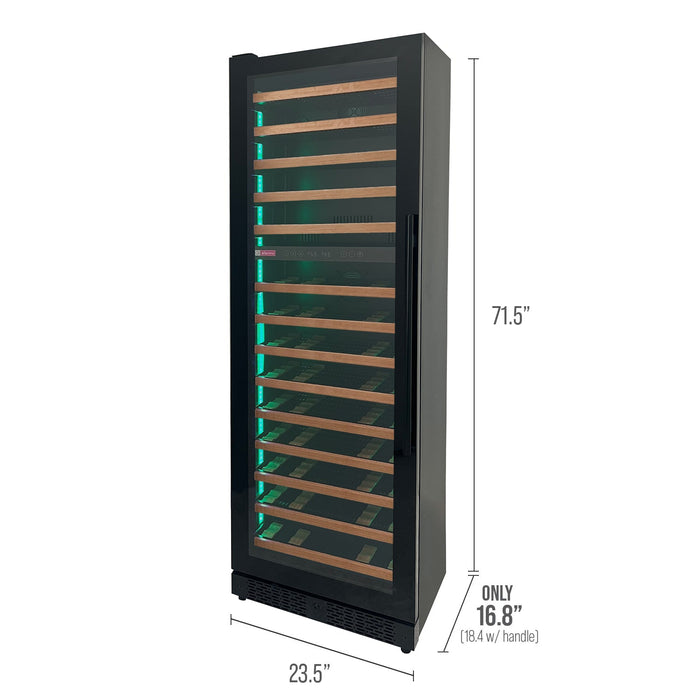 Reserva Series 67 Bottle 71" Tall Dual Zone Left Hinge Black Shallow Wine Refrigerator with Wood Front Shelves