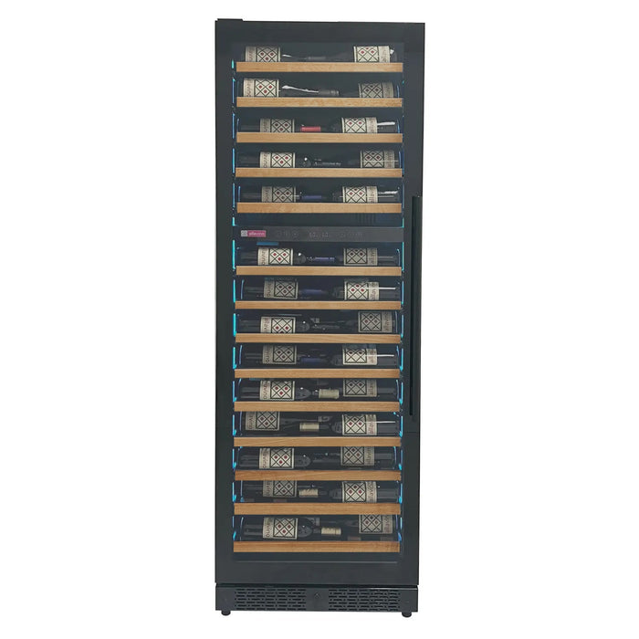 Reserva Series 67 Bottle 71" Tall Dual Zone Left Hinge Black Shallow Wine Refrigerator with Wood Front Shelves