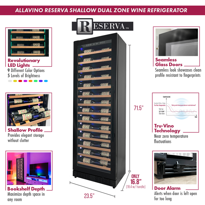 Reserva Series 134 Bottle 71" Tall Three Zone Black Side-by-Side Shallow Wine Refrigerator with Wood Front Shelves