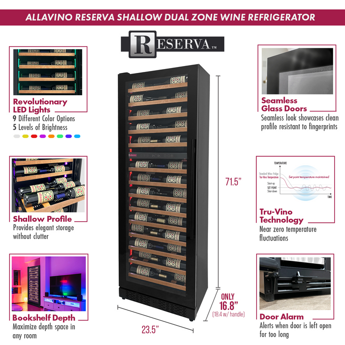 Reserva Series 67 Bottle 71" Tall Dual Zone Left Hinge Black Shallow Wine Refrigerator with Wood Front Shelves