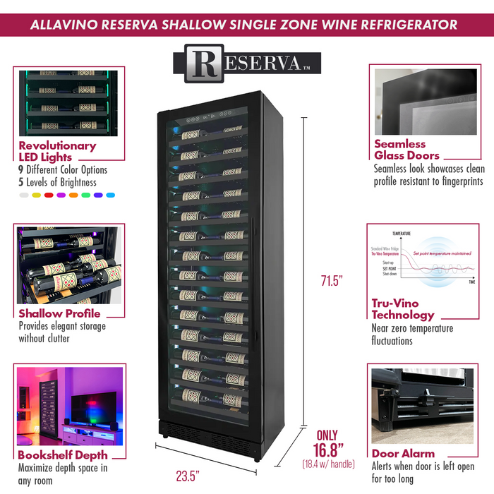 Reserva Series 134 Bottle 71" Tall Three Zone Black Side-by-Side Shallow Wine Refrigerator Console